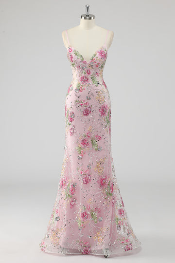 Floral Mermaid Sequin Pink Appliqued Prom Dress